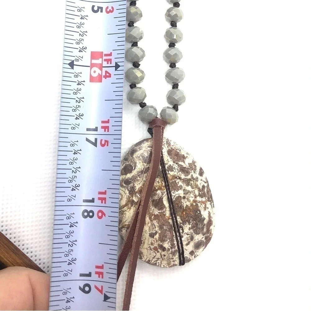 NWOT Artisan Rosary Beaded Pendant Necklace with Large Jasper Stone and Leather